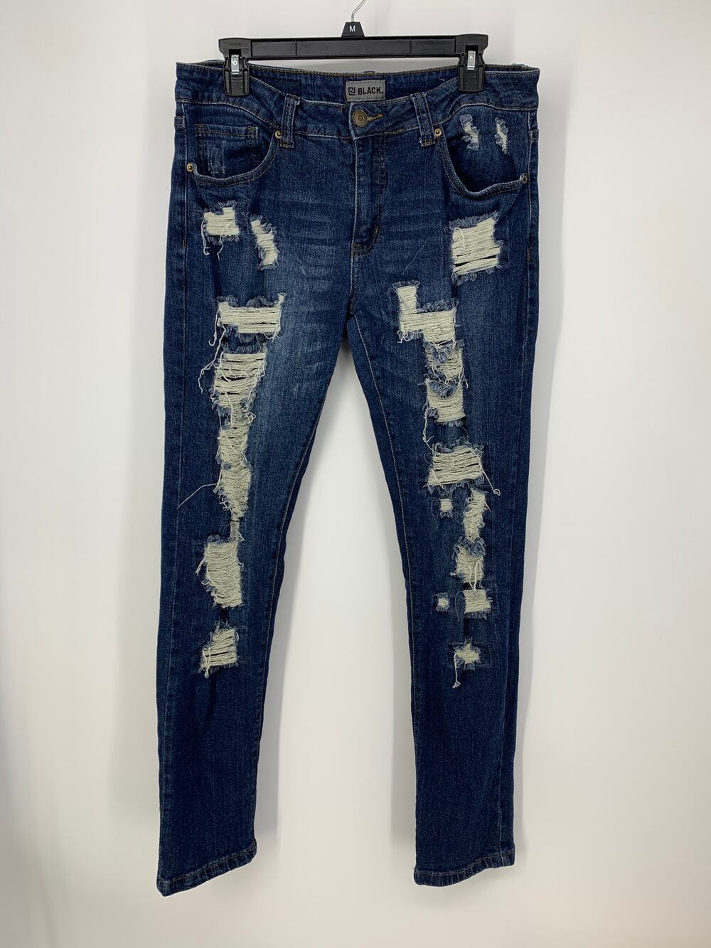 Just Black Womens Dark Blue Wash Destroyed Distressed Skinny Jeans Size 32 Edgy